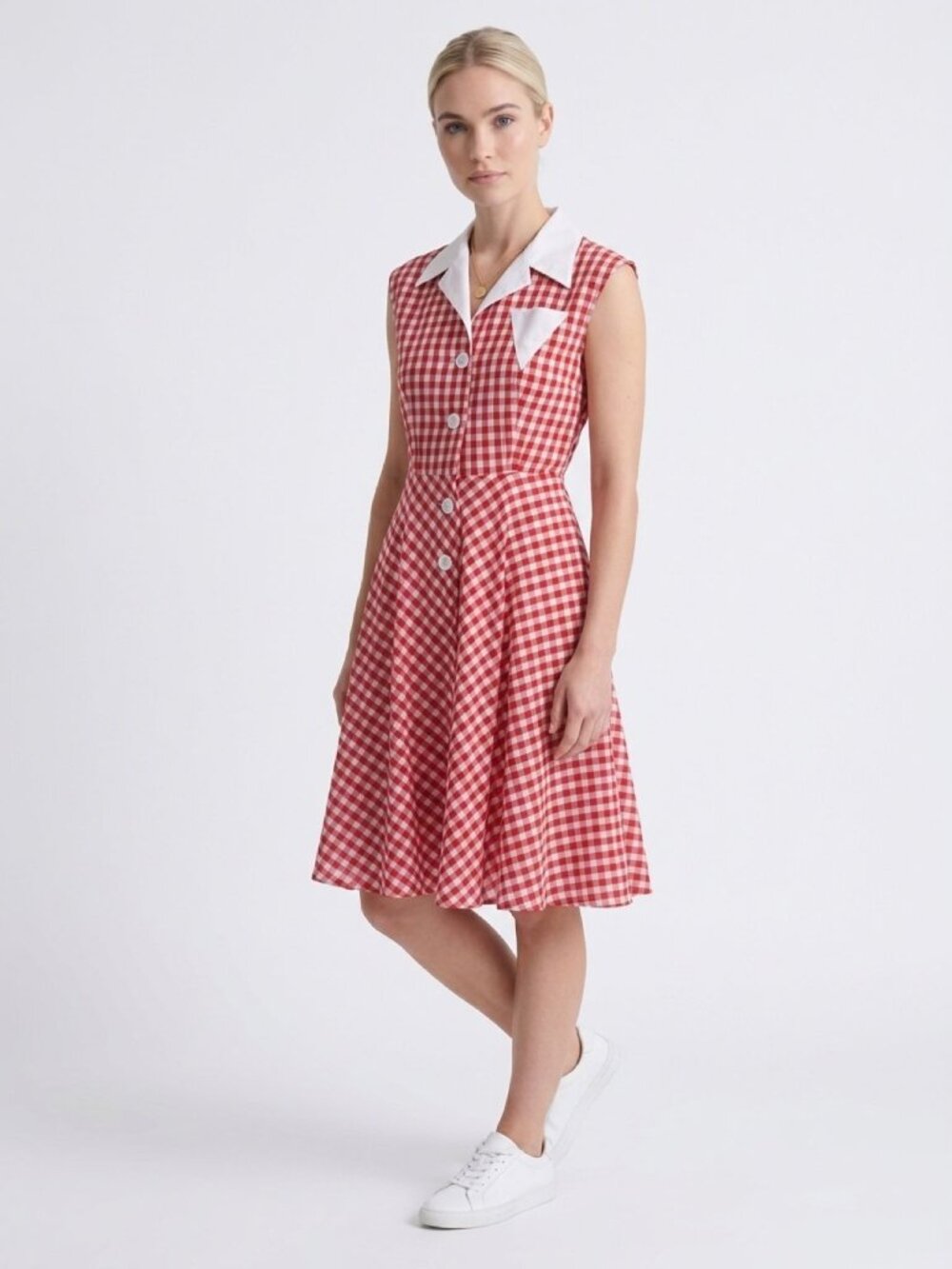 Vintage Young Edwardian Retro Red Gingham Sleeveless Dress With White Collar M